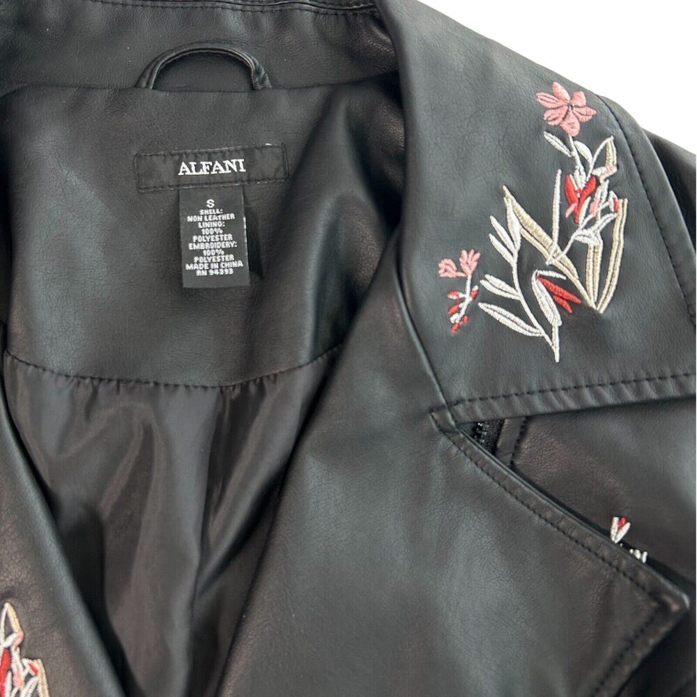NWT Alfani Embroidered Moto Jacket Black Sz S Faux Vegan Leather Floral Biker - Picture 8 of 12